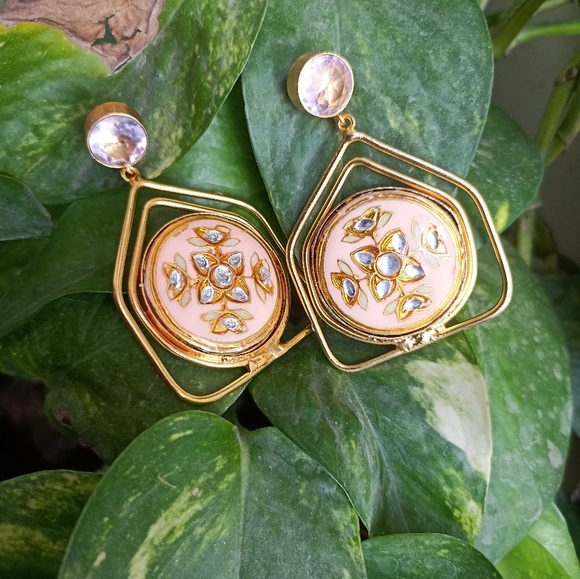 Handmade gold platted stone studded enameled drop earrings - Picture 6 of 10